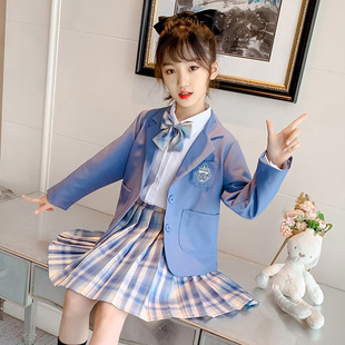 女童JK制服裙套装2025春秋新洋气西装格子百褶短裙白色衬衣三件套