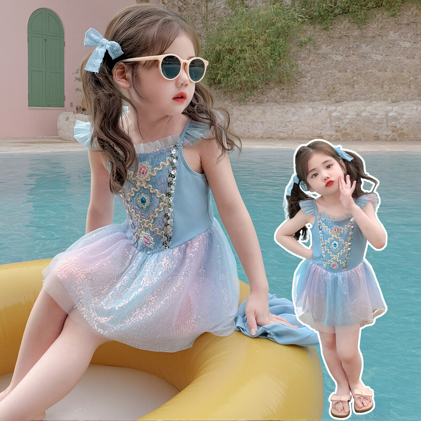 女童连衣裙2025夏装女宝宝高品质蓝色独角兽彩色亮片高弹力游泳衣