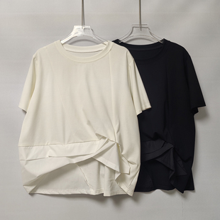 设计感欧货黑色正肩短袖T恤女2026春夏新款下摆皱褶宽松遮肚上衣