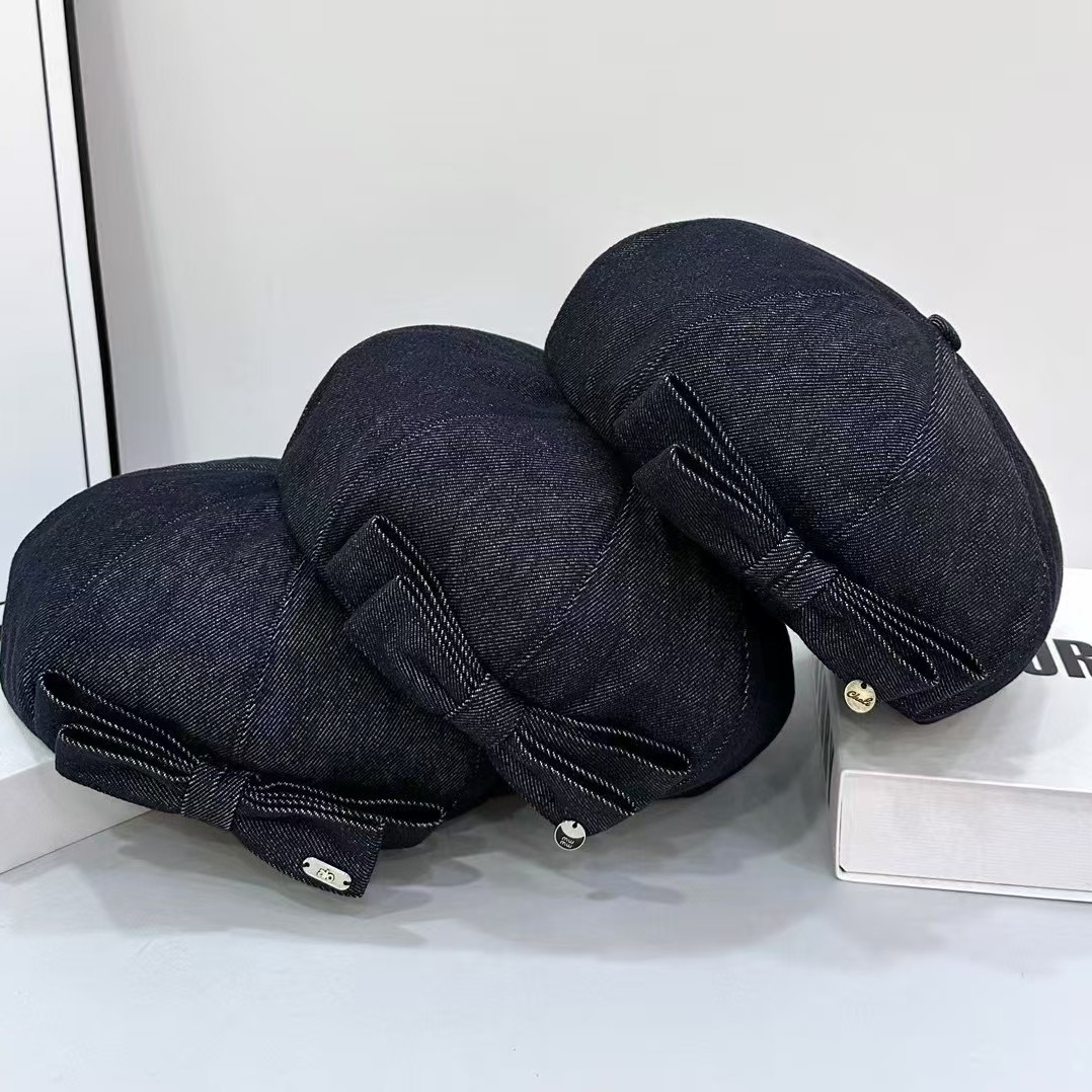 纯色蝴蝶结牛仔贝雷帽女时尚休闲