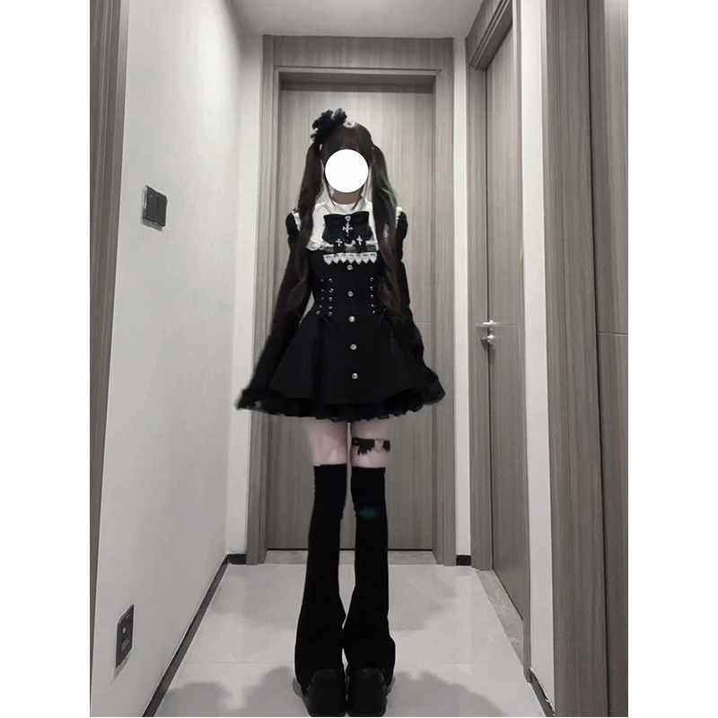 黑白量产型蕾丝喇叭袖口水巾连衣裙套装洛丽塔lolita裙蕾服日系