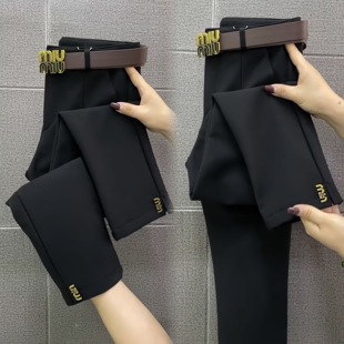 欧货2025小西裤女秋冬加绒韩版显瘦百搭裤脚侧开叉直筒裤小黑裤潮