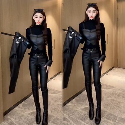 欧货加绒皮裤女冬季新款韩版显瘦百搭高腰九分裤涂层皮仿皮裤直筒