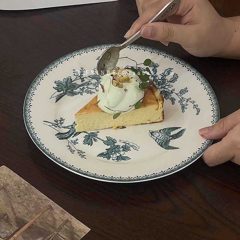复古圆形陶瓷绿双雀蛋糕盘