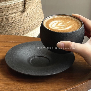 日式复古风磨砂石纹蛋形咖啡杯碟下午茶小众卡布奇诺拉花杯碟套装