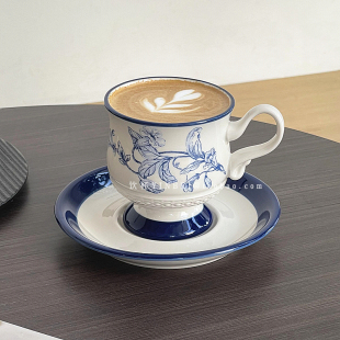 小众中古风手绘陶瓷咖啡杯碟套装日式复古高脚茶杯热拿铁拉花杯碟