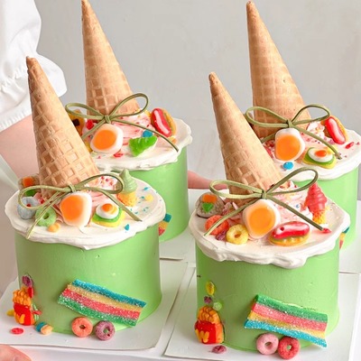 六一儿童节蛋糕装饰薯条冰淇淋彩虹煎蛋造型橡皮糖甜筒装扮插件z