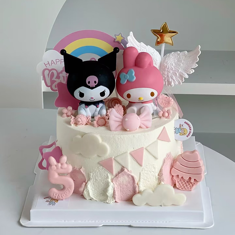 生日蛋糕装饰美乐蒂KT猫万圣节黑色库洛米公仔摆件烘焙甜品台插件