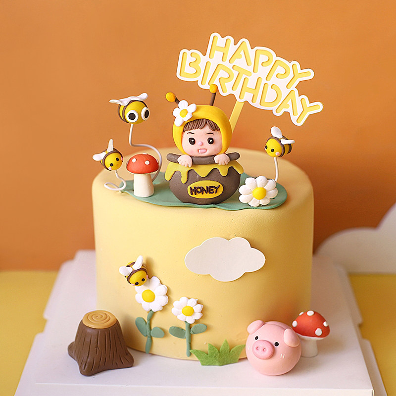 网红生日快乐蛋糕装饰插件蜜蜂宝宝小雏菊花朵蜂蜜罐周岁装扮配件,节庆用品/礼品,节日装扮用品,淘宝优惠券,粉丝福利购,淘宝优惠卷