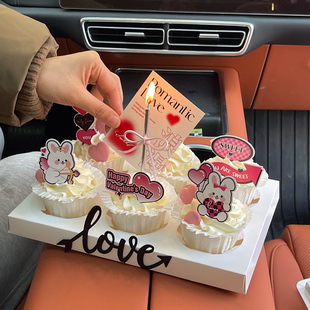 情人节马芬杯蛋糕装饰木质love气球小熊爱心情侣小兔插牌生日插件