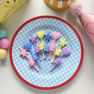 ins风爱心星星扭扭生日蜡烛蛋糕装饰彩色弯弯蜡烛甜品台烘焙插件