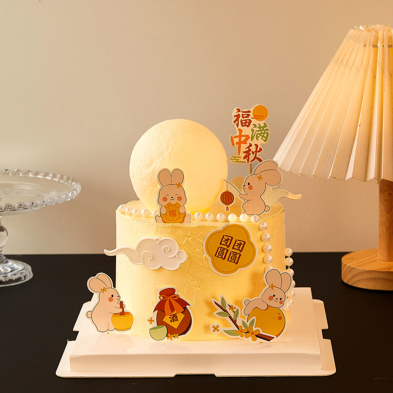 2025中秋节蛋糕装饰仿真月亮玉兔插件福满中秋团团圆圆珍珠链装扮