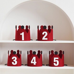 ins韩国红色数字生日帽毛毡皇冠帽儿童百天周岁派对气氛拍照道具l