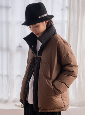WATEREVER 21AW冬季保暖拼接撞色立领白鸭绒羽绒服无性别日系复古
