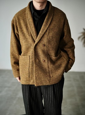 WATEREVER「秋叶」色织澳毛姜黄色青果领全羊毛针织开衫夹克