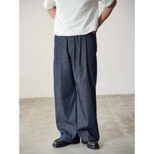 WATEREVER「波澜」蓝色汉麻棉色织光泽感双褶牛仔裤 质感休闲西裤