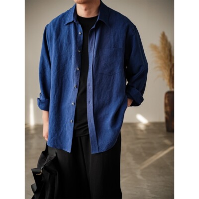 WATEREVER「月色」绝美蓝色色织纯汉麻长袖衬衫 黑蝶贝轻薄防晒衣