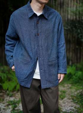 WATEREVER「风·黛」黛蓝色重磅法国亚麻衬衫色织外套高质感