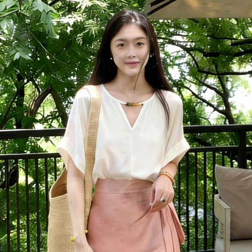 夏季女士V领短袖宽松睡衣上装白色蝴蝶结通勤风家居服