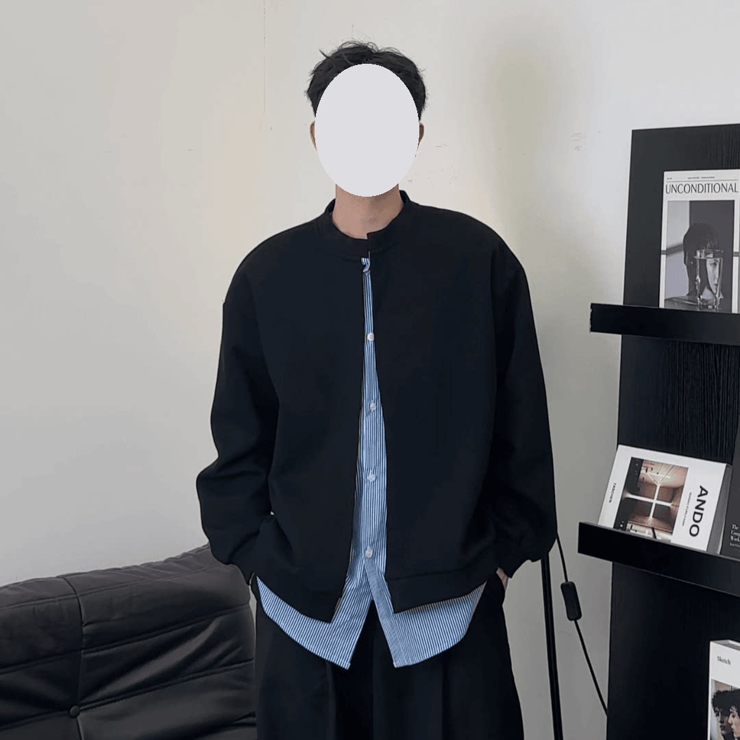 韩系条纹假两件开衫卫衣男