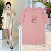 韩版 新款 2025夏装 卡通印花中长款 大码 宽松T恤裙柔软舒适T恤潮 女装
