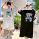 t恤连衣裙潮 2011 2025卡通印花字母T宽松中长款 大码 舒适短袖 女装
