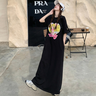 女装 开衩T恤连衣裙女长裙胖mm大码 夏装 短袖 长裙子潮 新款 大码