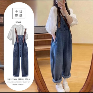 春季大码女装胖mm显瘦遮肚泡泡袖衬衫打底上衣宽松牛仔背带裤套装