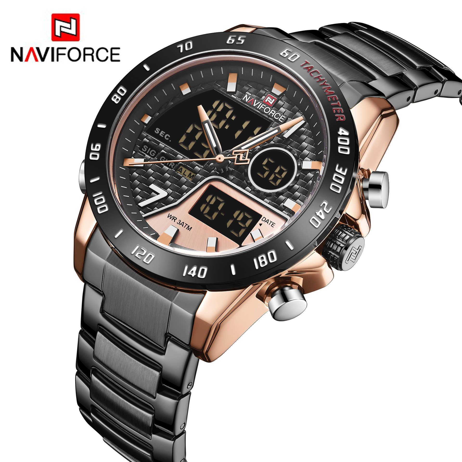 NAVIFORCE/领翔9171男士手表 防水石英钢带表 运动双机芯电子表