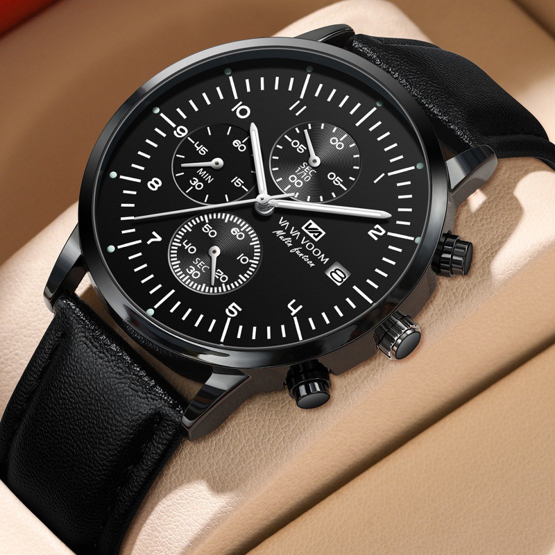 2025新款多功能防水日历六针商务男表 皮带 不锈钢带手表工厂