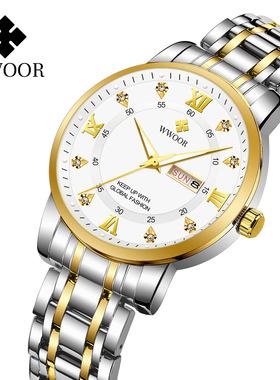 WWOOR经典时尚8883M钢带男表个性镂空底盖深层防水石英机芯男士