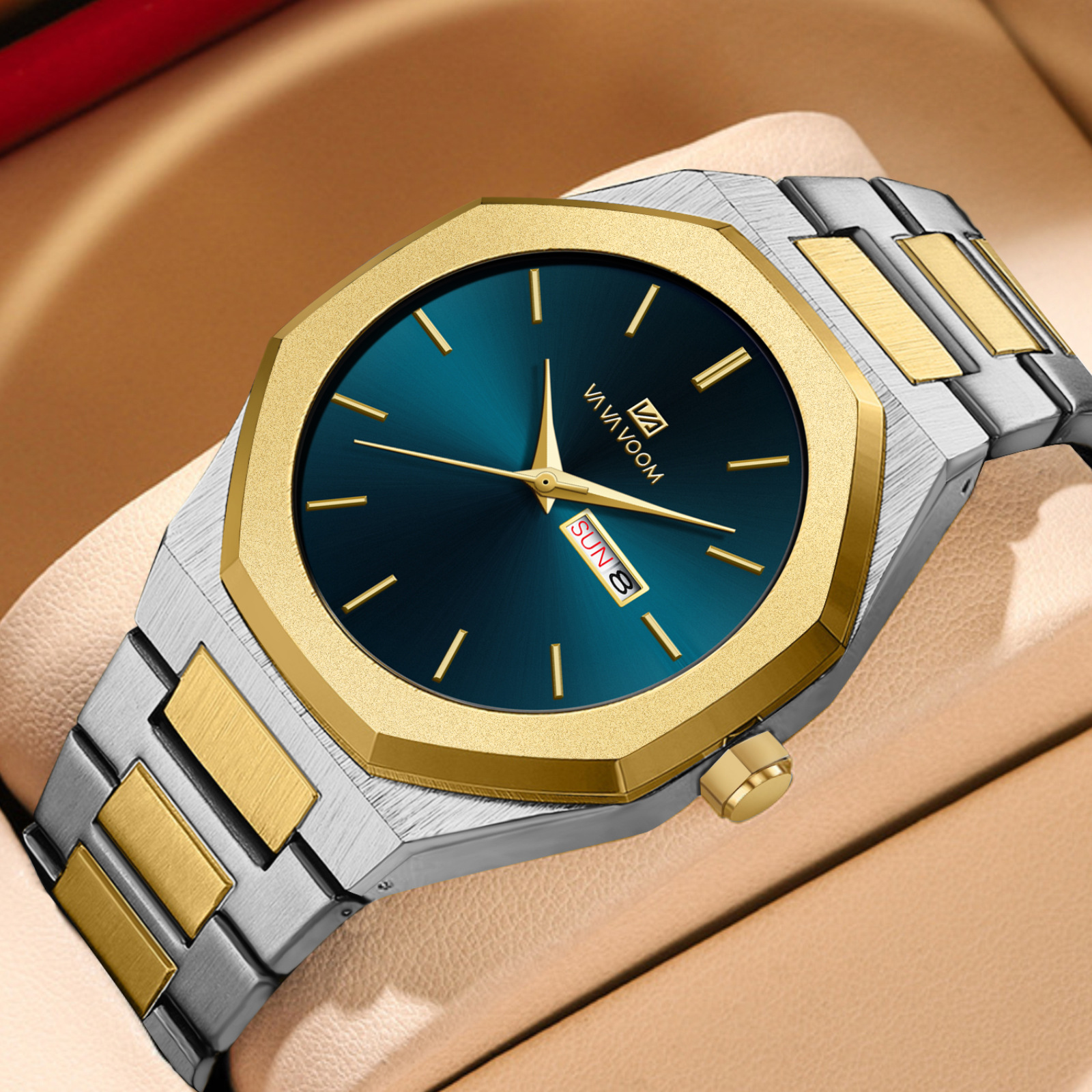 商务休闲钢链男士腕表简约时尚星期双日历重工防水石英手表男