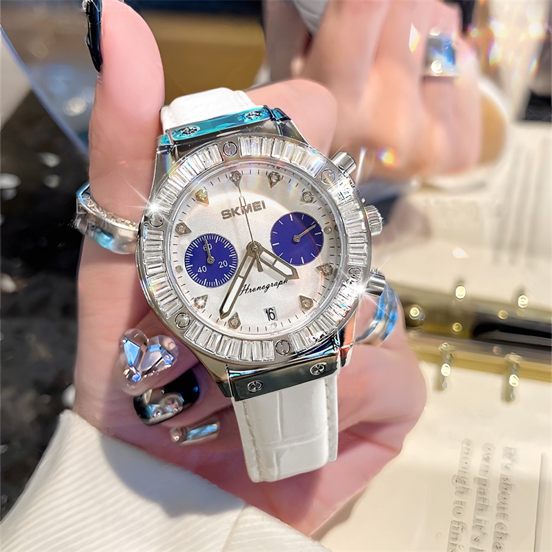 skmei时刻美品牌手表女轻奢镶钻气质石英表跨境女士手表真皮