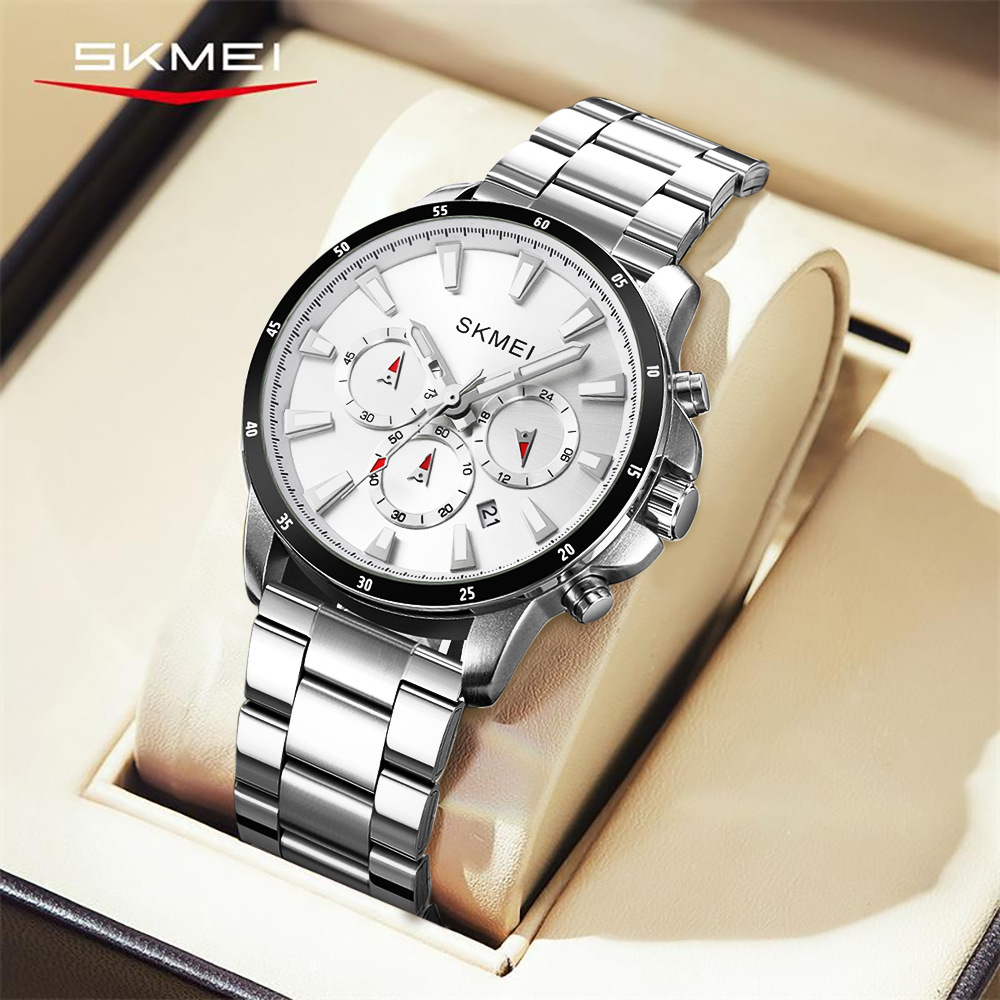 SKMEI时刻美表男士石英表防水夜光商务三眼指针式石英多功能男表