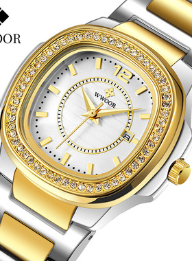 WWOOR握爱热销款钢带镶钻女士手表 时尚潮流石英防水表厂家直销