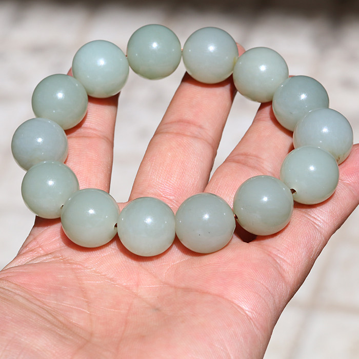 正宗新疆和田玉籽料油润玉石青白玉16mm圆珠男女款手串手链优质玉