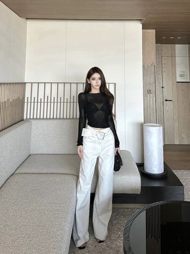 GGQSDZ【富美松弛感】白色牛仔裤女高腰显瘦直筒阔腿拖地长裤