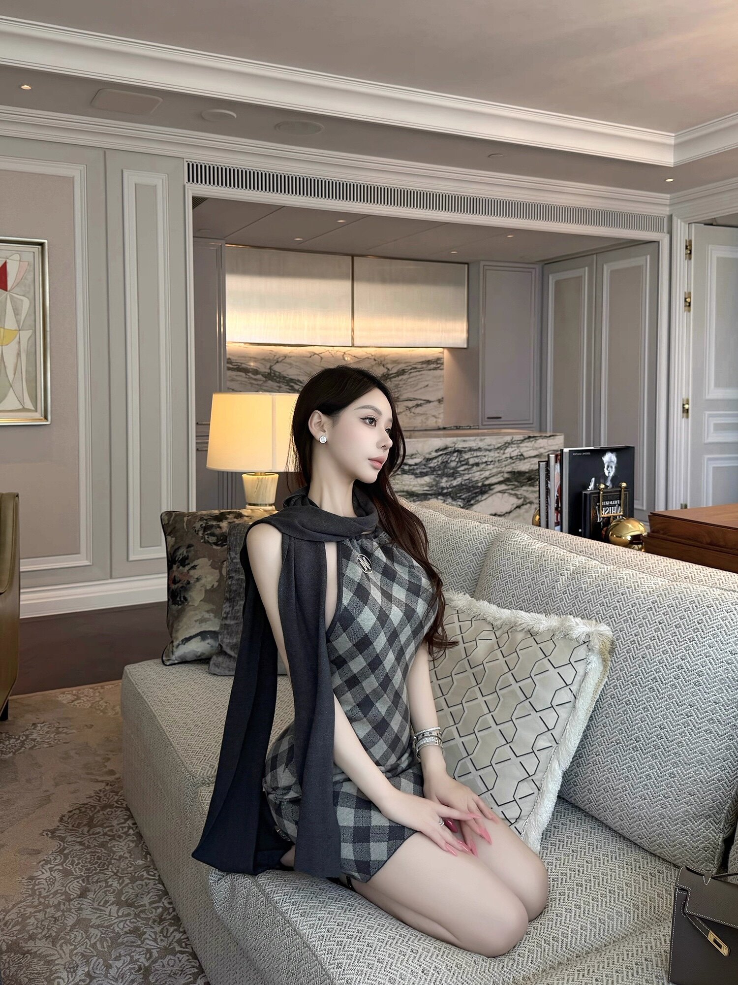 GGQSDZ 洋装格纹挂脖修身连衣裙灰色针织披肩两件套小礼服