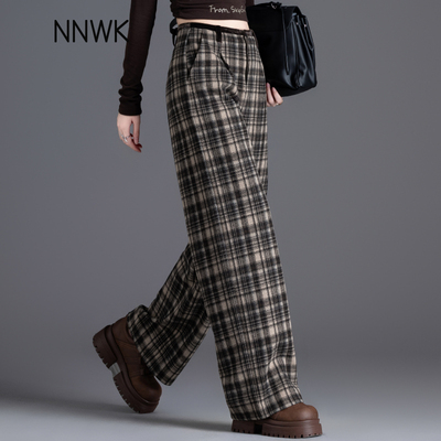 高级感卡其色格子羊毛阔腿裤子女