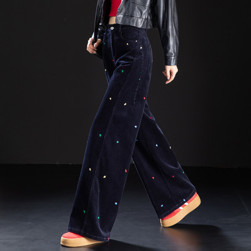 藏青色刺绣灯芯绒裤子女阔腿裤