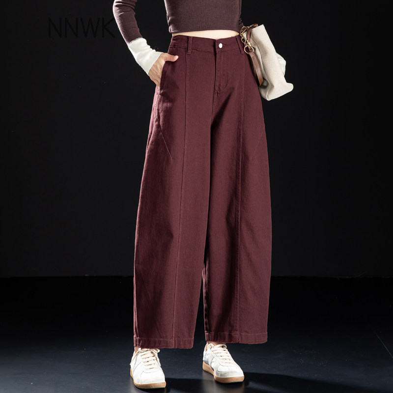 美式酒红色牛仔裤子女加绒气球裤