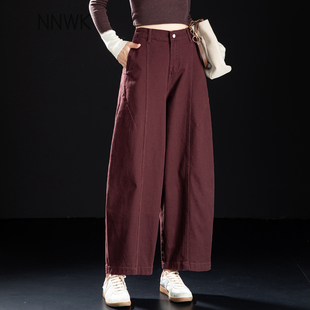 复古酒红色牛仔裤 女裤 女2025新款 秋冬加绒气球裤 小个子九分裤 美式