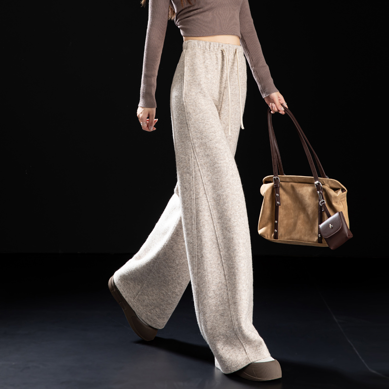 米色裤子慵懒风毛呢直筒阔腿裤女