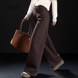 版 冬季 型超好看裤 子高腰窄版 棕色加绒阔腿牛仔裤 直筒裤 女2025新款