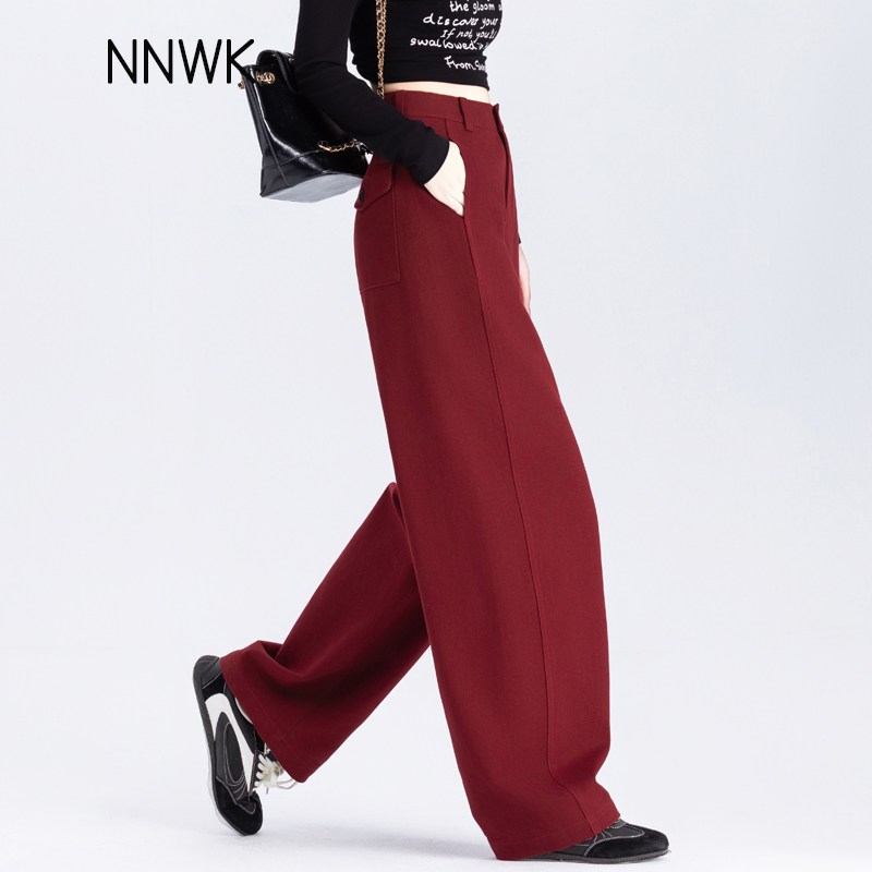 安可拉红牛仔裤弯刀裤女香蕉裤子