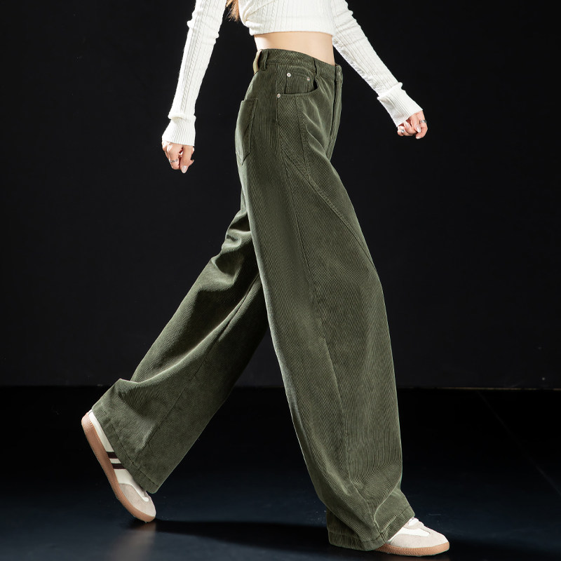 军绿色加绒灯芯绒女裤弯刀休闲裤