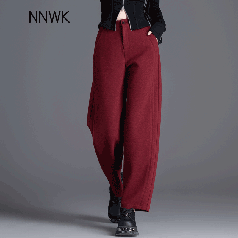 高腰安可拉红加厚九分休闲镰刀裤