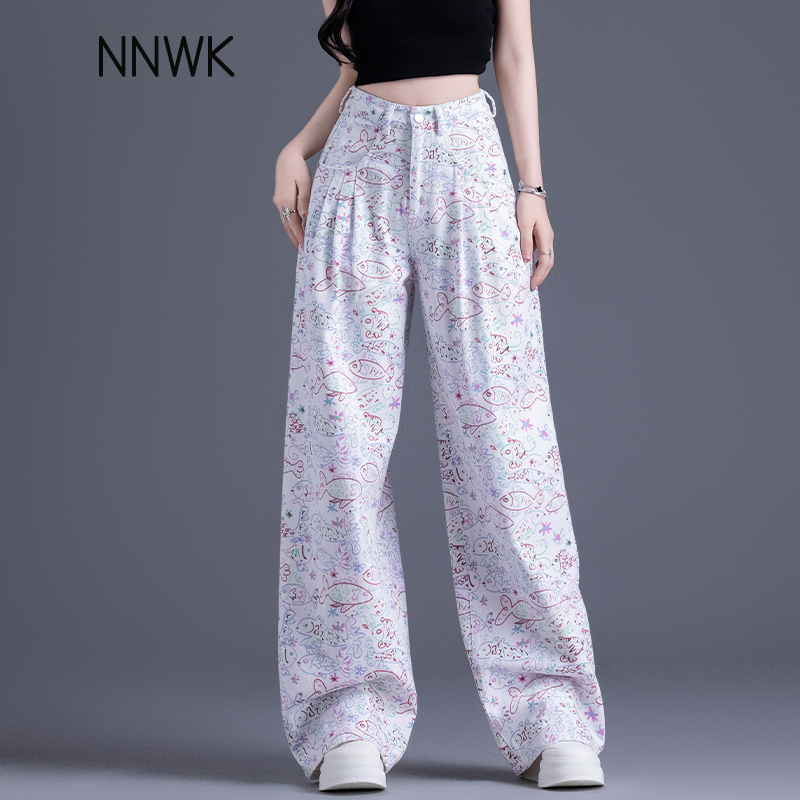 美式白色涂鸦印花阔腿牛仔裤子女