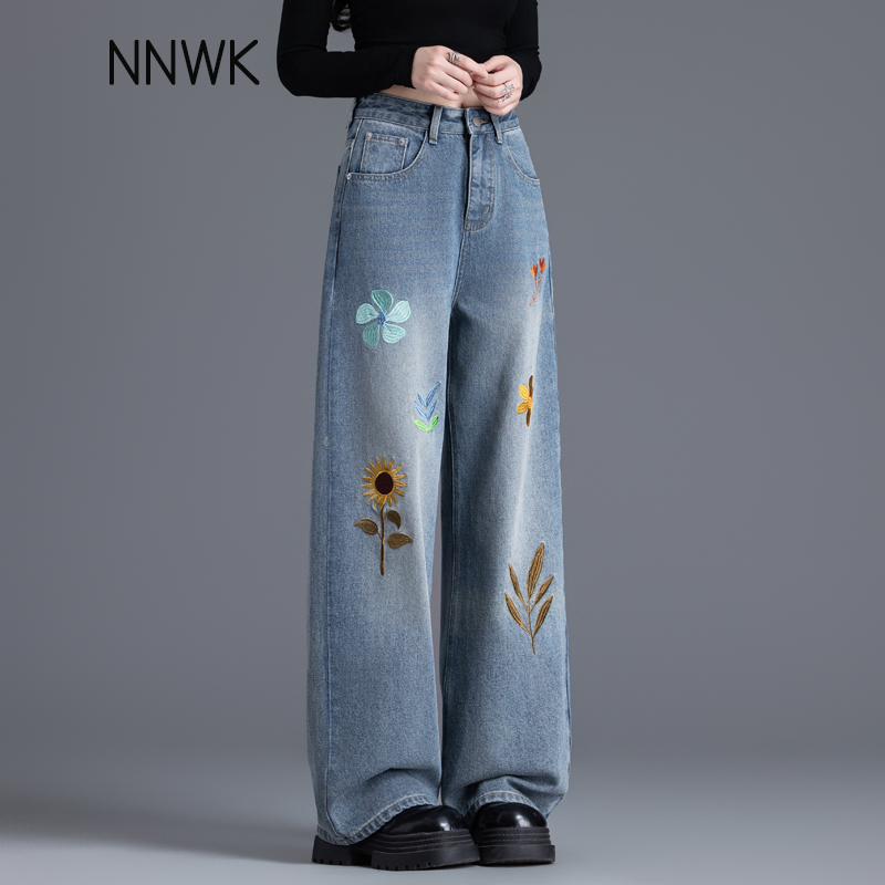 浅色牛仔裤女花朵刺绣美式阔腿裤