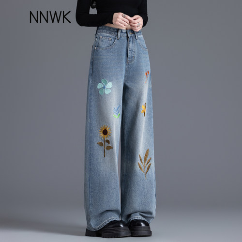 浅色牛仔裤女花朵刺绣美式阔腿裤